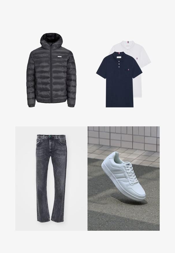 Jachetă puffer neagră cu glugă, având secțiuni orizontale quilted, un fermoar frontal și două buzunare laterale cu fermoar. Textură netedă.; Două tricouri polo: unul albastru navy și unul alb, ambele având un mic accent roșu, alb și albastru pe buzunarul de la piept și guler.; Replay GROVER PANTS - Blugi drepți - dark grey; Adidași albi pentru sport cu superior din piele netedă, sistem de șireturi în față, vârf perforat și talpă cu model. Design minimalist cu trei dungi laterale.