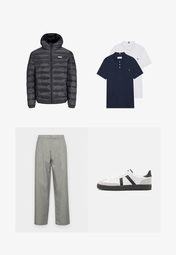 Czarna kurtka puchowa z kapturem, z poziomymi przeszyciami, suwakiem z przodu oraz dwoma zamykanymi bocznymi kieszeniami. Gładka tekstura.; Dwa koszulki polo: jedna granatowa, a druga biała, obie z małym akcentem w kolorach czerwonym, białym i niebieskim na kieszeni na piersi oraz kołnierzyku.; Szare dopasowane spodnie z teksturowanej tkaniny, o prostym kroju nogawki, z fałdami z przodu oraz standardowym paskiem z szlufkami.; Białe sneakersy z czarnymi i szarymi akcentami, z teksturowanym szarym czubkiem, czarną gumową podeszwą i płaskimi białymi sznurowadłami. Czysty design, minimalistyczny styl.