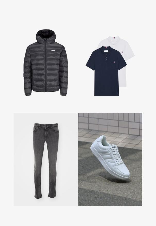 Zwarte gewatteerde jas met een capuchon, met horizontale quilted secties, een rits aan de voorkant en twee ritszakken aan de zijkant. Glad oppervlak.; Twee polo shirts: één marineblauw en één wit, beide met een kleine rood, wit en blauwe accent op de borstzak en kraag.; Grijze spijkerbroek met een recht model, vijf zakken en subtiele vervaging. Bevat een knoopsluiting en riemlussen.; Witte sportsneaker met een glad leren bovenwerk, vetersluiting aan de voorkant, geperforeerde neus en een geprofileerde zool. Minimalistisch ontwerp met drie zijstrepen.