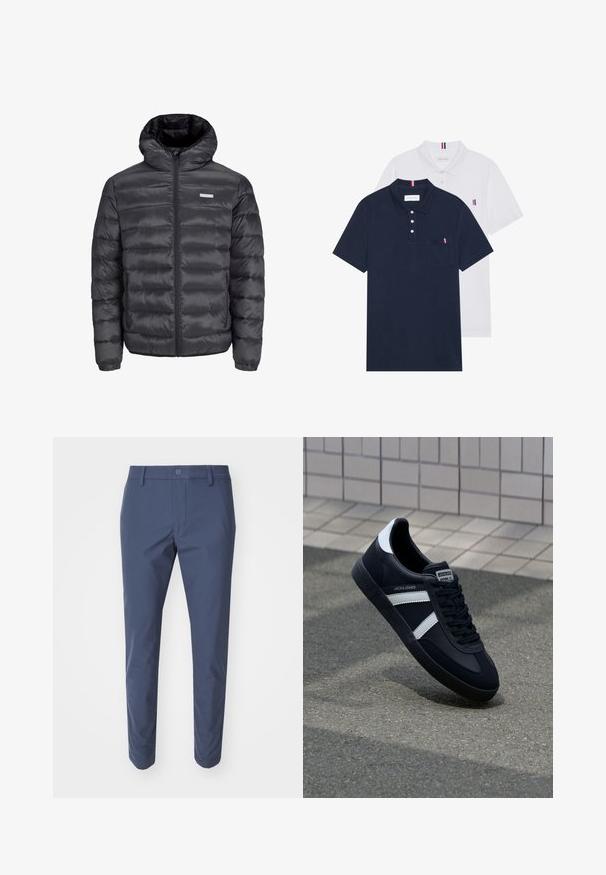 Melnā pūkļu jaka ar kapuci, ar horizontāliem izšuvumiem, priekšējo rāvējslēdzēju un divām ar rāvējslēdzēju aizveramām sānu kabatām. Gluda tekstūra.; Divas polo kreklu komplekts: viens tumši zils un viens balts, abi ar mazu sarkanu, baltu un zilu akcentu uz krūšu kabatas un apkakles.; Jūras zilas bikses, izgatavotas no gludas auduma, ar pogu aizdari un sašaurinātu dizainu. Līdzens priekšpuse bez redzamām rakstošajām vai akcentu detaļām.; Melnā ādas sporta apavi ar baltām svītrām, teksturēta gumijas zole un auklu aizdare. Iekļauj zīmola etiķeti uz mēles.