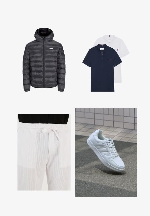 Zwarte gewatteerde jas met een capuchon, met horizontale quilted secties, een rits aan de voorkant en twee ritszakken aan de zijkant. Glad oppervlak.; Twee polo shirts: één marineblauw en één wit, beide met een kleine rood, wit en blauwe accent op de borstzak en kraag.; Buratti Broek - white; Witte sportsneaker met een glad leren bovenwerk, vetersluiting aan de voorkant, geperforeerde neus en een geprofileerde zool. Minimalistisch ontwerp met drie zijstrepen.