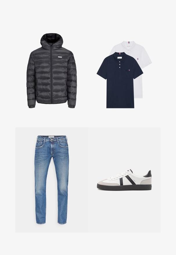 Melnā pūkļu jaka ar kapuci, ar horizontāliem izšuvumiem, priekšējo rāvējslēdzēju un divām ar rāvējslēdzēju aizveramām sānu kabatām. Gluda tekstūra.; Divas polo kreklu komplekts: viens tumši zils un viens balts, abi ar mazu sarkanu, baltu un zilu akcentu uz krūšu kabatas un apkakles.; Zilas džinsu bikses ar taisnu kāju dizainu. Iekļauj piecus kabatas, kontrastējošu izšūšanu un pogu aizdari jostasvietā. Mīksta tekstūra.; Baltas sneakeris ar melniem un pelēkiem akcentiem, kuram ir teksturēts pelēks purngals, melna gumijas zole un plakanas baltas šņores. Tīrs dizains, minimālisma stils.