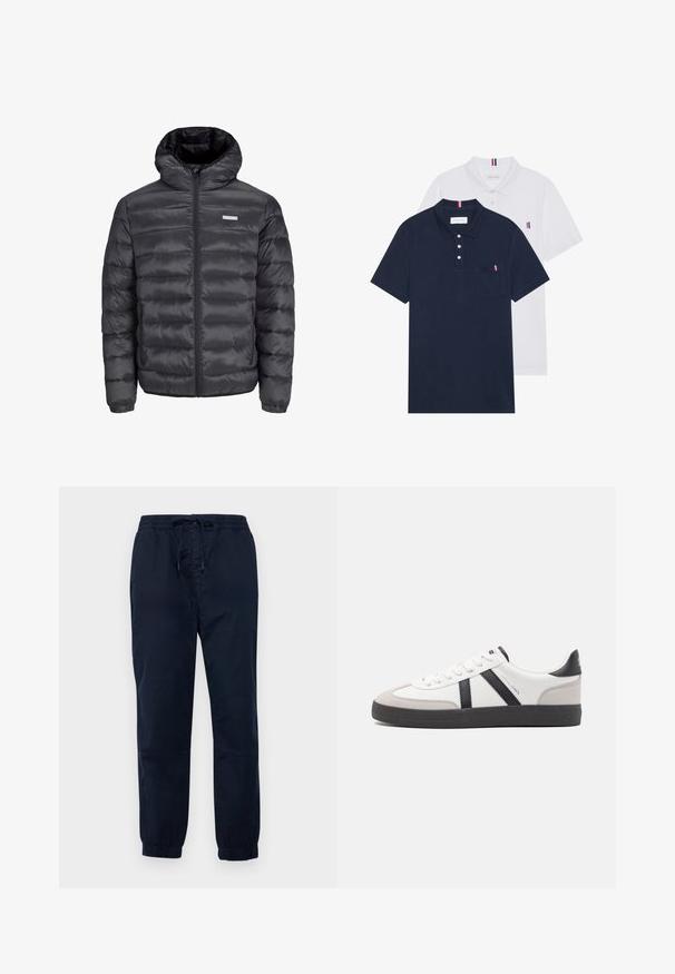 Melnā pūkļu jaka ar kapuci, ar horizontāliem izšuvumiem, priekšējo rāvējslēdzēju un divām ar rāvējslēdzēju aizveramām sānu kabatām. Gluda tekstūra.; Divas polo kreklu komplekts: viens tumši zils un viens balts, abi ar mazu sarkanu, baltu un zilu akcentu uz krūšu kabatas un apkakles.; Tumši zili, elastīgas jostas bikses ar auklu, ar sašaurinātām kājām un elastīgiem manžetiem, izgatavotas no viegla, gluda auduma.; Baltas sneakeris ar melniem un pelēkiem akcentiem, kuram ir teksturēts pelēks purngals, melna gumijas zole un plakanas baltas šņores. Tīrs dizains, minimālisma stils.