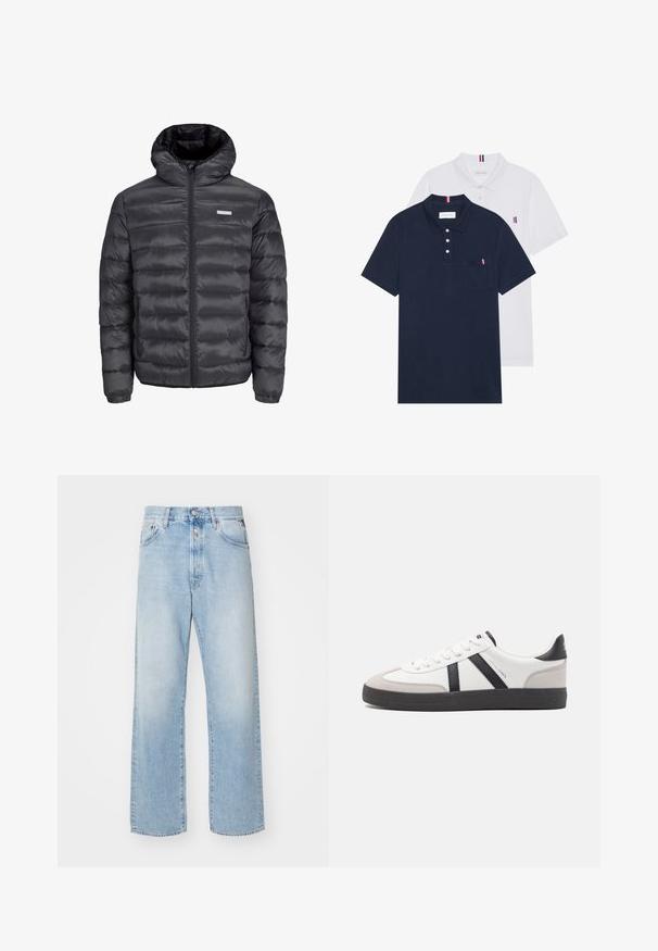 Črna napihnjena jakna s kapuco, ki ima vodoravne prešite odseke, sprednji zadrgo in dva stranska žepa z zadrgo. Gladka tekstura.; Dve polo majice: ena mornarsko modra in ena bela, obe z majhnim rdečim, belim in modrim poudarjanjem na žepu in ovratniku.; Svjetloplave traperice sa slobodnim krojem, visokog struka, pet džepova i ravnim nogavicama. Vidljiva izblijedjela tekstura.; Bela športna obutev z črnimi in sivo akcenti, z teksturirano sivo kapico za prste, črnim gumijastim podplatom in ravnimi belimi vezalkami. Čista zasnova, minimalistični slog.