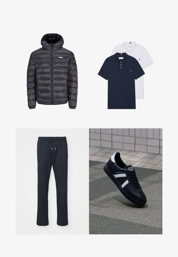 Black puffer jacket with a hood, featuring horizontal quilted sections, a front zipper, and two zippered side pockets. Smooth texture.; Two polo shirts: one navy blue and one white, both with a small red, white, and blue accent on the chest pocket and collar.; Black trousers featuring an elastic waistband with a drawstring for adjustable fit. Straight-leg design and lightweight fabric. No visible patterns.; Black leather sneaker with white stripes, textured rubber sole, and lace-up front. Features a branded label on the tongue.