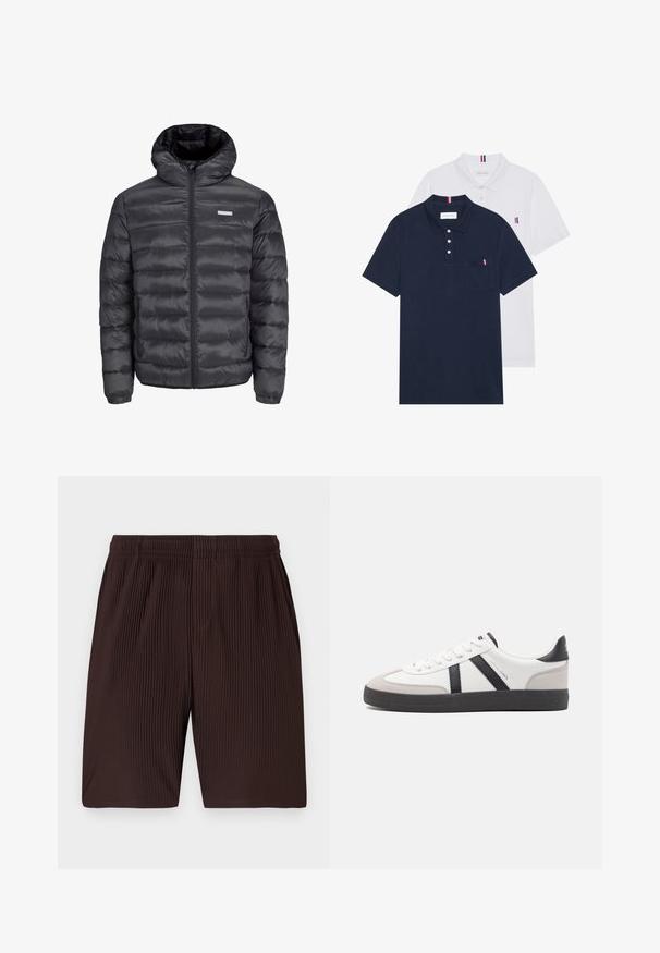 Černá péřová bunda s kapucí, obsahující vodorovně prošívané části, přední zip a dvě boční kapsy na zip. Hladká textura.; Dvě polo trička: jedno námořnické modré a jedno bílé, obě s malým červeným, bílým a modrým akcentem na kapse a límci.; Hnědé skládací šortky s elastickým pasem a kapsami, vyrobené z lehké látky. Konec šortek končí kousek nad kolenem.; Bílé tenisky s černými a šedými akcenty, opatřené texturovaným šedým prstovým krytem, černou gumovou podrážkou a plochými bílými tkaničkami. Čistý design, minimalistický styl.