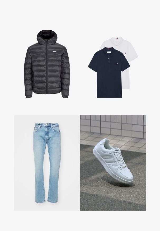 Μαύρο μπουφάν με κουκούλα, το οποίο διαθέτει οριζόντιες καπιτονέ ραφές, μπροστινό φερμουάρ και δύο πλαϊνές τσέπες με φερμουάρ. Λείο υλικό.; Δύο πουκάμισα πόλο: ένα σκούρο μπλε και ένα λευκό, και τα δύο με ένα μικρό κόκκινο, λευκό και μπλε διακοσμητικό στη τσέπη του στήθους και στον γιακά.; Ανοιχτό μπλε τζιν παντελόνι με ίσια γραμμή, που διαθέτει κούμπωμα με κουμπί, πέντε τσέπες και διακριτική φθορά για υφή.; Λευκό αθλητικό sneaker με λείο δερμάτινο άνω μέρος, κορδόνια μπροστά, τρυπητή μύτη και σχεδιασμένη σόλα. Μινιμαλιστικός σχεδιασμός με τρεις πλευρικές ρίγες.