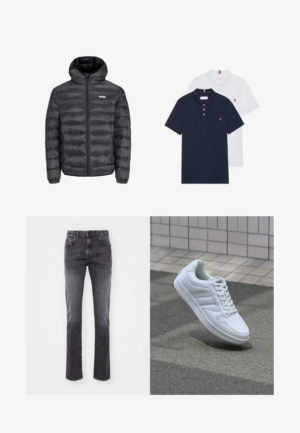 Chaqueta de plumas negra con capucha, que presenta secciones acolchadas horizontales, un cierre frontal de cremallera y dos bolsillos laterales con cremallera. Textura suave.; Dos camisetas polo: una de color azul marino y otra blanca, ambas con un pequeño acento en rojo, blanco y azul en el bolsillo del pecho y el cuello.; Jeans de mezclilla gris con un diseño de pierna recta, estilo de cinco bolsillos y un desgaste sutil. Cuenta con un botón y cremallera. Sin marcas visibles.; Zapatilla atlética blanca con parte superior de cuero suave, cierre de cordones en el frente, puntera perforada y suela con patrón. Diseño minimalista con tres rayas laterales.