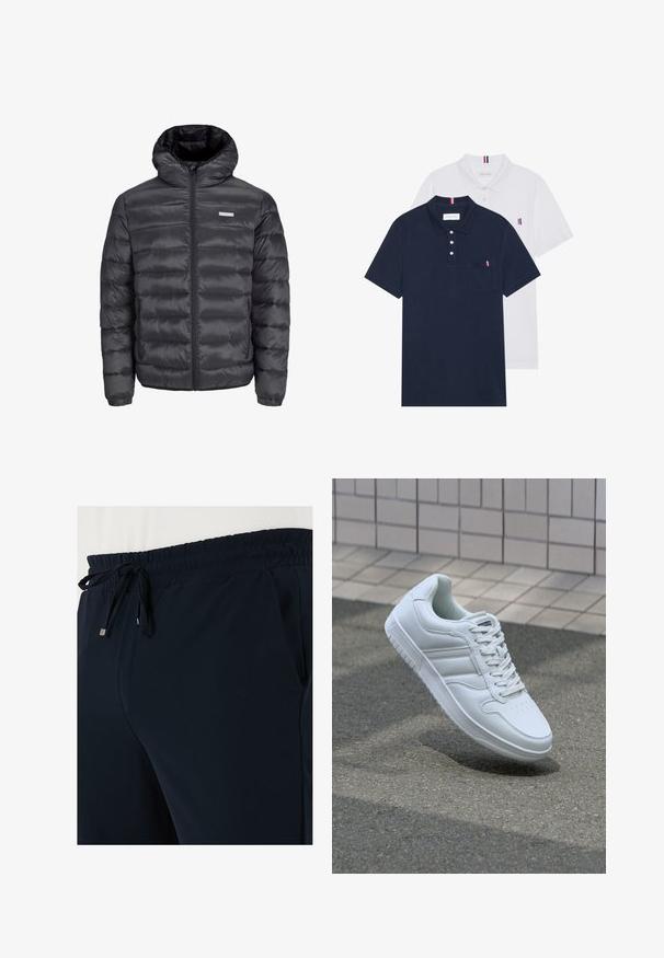 Čierna prešívaná bunda s kapucňou, s horizontálnymi prešívanými sekciami, predným zipsom a dvoma bočnými vreckami na zips. Hladká textura.; Dvoje polo tričiek: jedno námornícky modré a jedno biele, obidve s malým červeným, bielym a modrým akcentom na vrecku a golieri.; Námornícke modré športové nohavice s elastickým pásom, nastaviteľnou šnúrkou a bočnými vreckami, vyrobené z mäkkého, ľahkého materiálu.; Biele atletické tenisky s hladkým koženým zvrškom, šnurovaním vpredu, perforovanou špičkou a vzorovanou podrážkou. Minimalistický dizajn s tromi bočnými pruhmi.