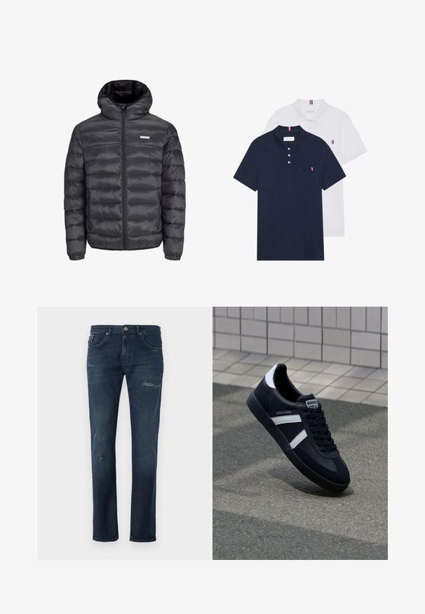 Melnā pūkļu jaka ar kapuci, ar horizontāliem izšuvumiem, priekšējo rāvējslēdzēju un divām ar rāvējslēdzēju aizveramām sānu kabatām. Gluda tekstūra.; Divas polo kreklu komplekts: viens tumši zils un viens balts, abi ar mazu sarkanu, baltu un zilu akcentu uz krūšu kabatas un apkakles.; Tumši zili džinsi ar taisnu griezumu, kas izceļas ar nodilušām detaļām, vieglu izbalēšanu un klasisko piecu kabatu dizainu.; Melnā ādas sporta apavi ar baltām svītrām, teksturēta gumijas zole un auklu aizdare. Iekļauj zīmola etiķeti uz mēles.