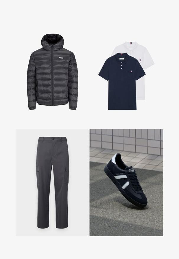 Melnā pūkļu jaka ar kapuci, ar horizontāliem izšuvumiem, priekšējo rāvējslēdzēju un divām ar rāvējslēdzēju aizveramām sānu kabatām. Gluda tekstūra.; Divas polo kreklu komplekts: viens tumši zils un viens balts, abi ar mazu sarkanu, baltu un zilu akcentu uz krūšu kabatas un apkakles.; Oglekšanai domāti ogļu pelēki cargo bikses, kas izgatavotas no gludas auduma, ar taisno kāju dizainu, divām sānu kabatām un pogu aizdari viduklī.; Melnā ādas sporta apavi ar baltām svītrām, teksturēta gumijas zole un auklu aizdare. Iekļauj zīmola etiķeti uz mēles.