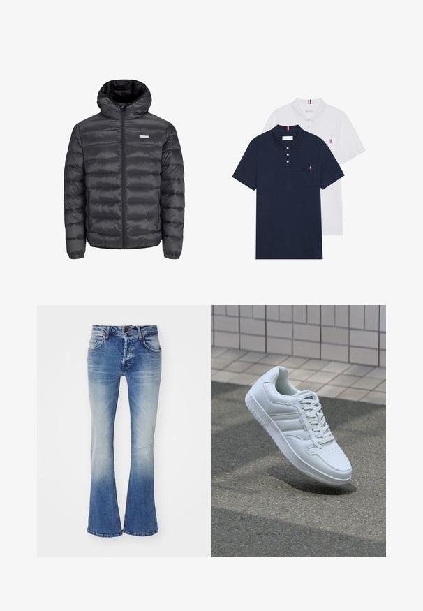 Juodas pūkuotas švarkas su gobtuvu, turintis horizontalius siūlus, priekinius užtrauktukus ir du užtrauktuku uždaromus šoninius kišenius. Lygus paviršius.; Du keturių marškiniai: vienas tamsiai mėlynas ir vienas baltas, abu su mažais raudonais, baltais ir mėlynais akcentais ant krūtinės kišenės ir apykaklės.; LTB TINMAN - Laisvo kirpimo džinsai - arino wash; Baltos sportinės kedai su lygaus odos viršumi, raišteliais priekyje, perforuotu kojų pirštu ir raštuotu padu. Minimalistinis dizainas su trimis šoninėmis juostelėmis.