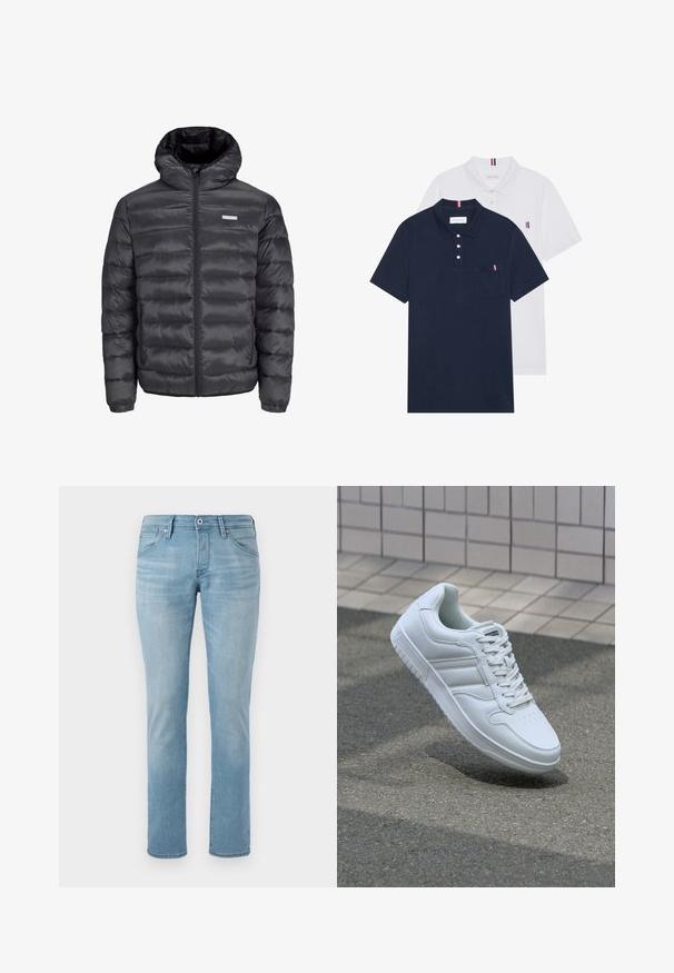 Svart puffjakke med hette, med horisontale kviltede seksjoner, en frontglidelås og to glidelåsede sidelommer. Jevn tekstur.; To polo skjorter: en marineblå og en hvit, begge med en liten rød, hvit og blå aksent på brystlommen og kragen.; Lys blå rett skjærede jeans laget av denim. Har fem lommer, en knapp og glidelås, og subtile falminger gjennom hele.; Hvit atletisk sneaker med glatt skinnoverside, snøring foran, perforert tå og mønstrets såle. Minimalistisk design med tre side-striper.