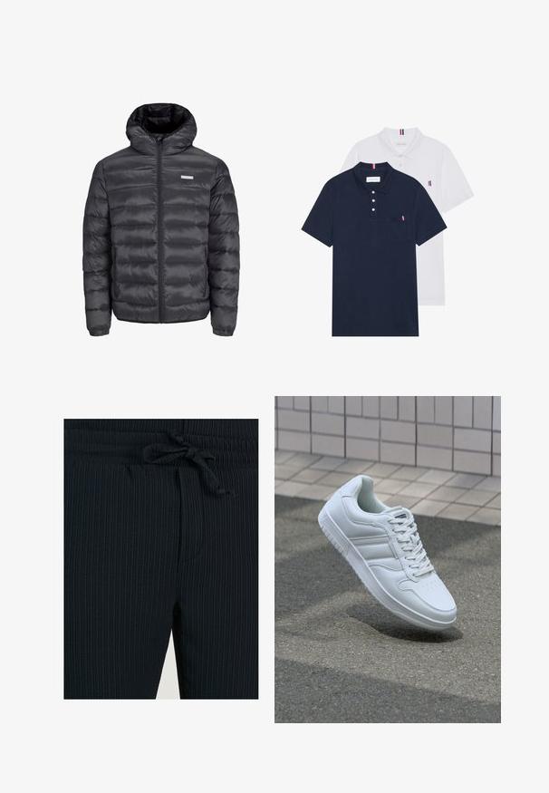 Zwarte gewatteerde jas met een capuchon, met horizontale quilted secties, een rits aan de voorkant en twee ritszakken aan de zijkant. Glad oppervlak.; Twee polo shirts: één marineblauw en één wit, beide met een kleine rood, wit en blauwe accent op de borstzak en kraag.; Donkerblauwe geribde joggers met een elastische tailleband en verstelbare strik, voorzien van zijzakken en een gestructureerde stof voor comfort.; Witte sportsneaker met een glad leren bovenwerk, vetersluiting aan de voorkant, geperforeerde neus en een geprofileerde zool. Minimalistisch ontwerp met drie zijstrepen.
