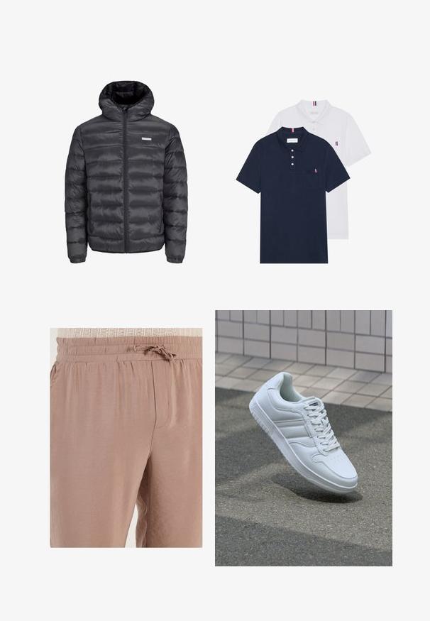 Črna napihnjena jakna s kapuco, ki ima vodoravne prešite odseke, sprednji zadrgo in dva stranska žepa z zadrgo. Gladka tekstura.; Dve polo majice: ena mornarsko modra in ena bela, obe z majhnim rdečim, belim in modrim poudarjanjem na žepu in ovratniku.; Svetlo rjave trenirka hlače iz mehke tkanine, z elastičnim pasom in vrvico ter stranskimi žepi.; Bela atletska teniska obutev z gladkim usnjenim zgornjim delom, vezanjem spredaj, perforiranim prstom in vzorčastim podplatom. Minimalistična zasnova s tremi stranskimi črtami.