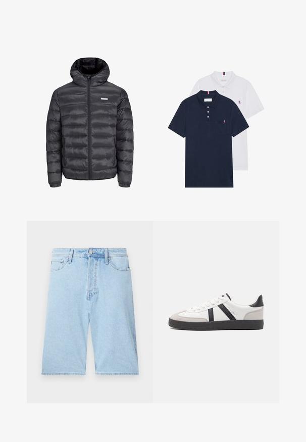 Juodas pūkuotas švarkas su gobtuvu, turintis horizontalius siūlus, priekinius užtrauktukus ir du užtrauktuku uždaromus šoninius kišenius. Lygus paviršius.; Du keturių marškiniai: vienas tamsiai mėlynas ir vienas baltas, abu su mažais raudonais, baltais ir mėlynais akcentais ant krūtinės kišenės ir apykaklės.; Šviesiai mėlynos džinsinės šortai su tiesia kirpimo, penkiomis kišenėmis ir priekiniais mygtukais. Minkšta tekstūra su minimaliu išblukimu.; Balti sportbačiai su juodais ir pilkais akcentais, pasižymintys tekstūruotu pilku pirštų dangteliu, juoda gumine padais ir plokščiomis baltomis raišteliais. Švarus dizainas, minimalistinis stilius.