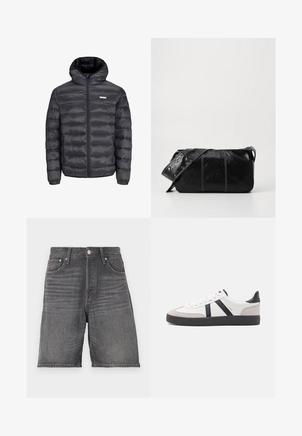 Juodas pūkuotas švarkas su gobtuvu, turintis horizontalius siūlus, priekinius užtrauktukus ir du užtrauktuku uždaromus šoninius kišenius. Lygus paviršius.; Rudas megztinis su polo apykakle, trimis mygtukais ant kaklo ir ilgomis rankovėmis. Minkšta tekstūra, raukiniai rankogaliuose ir apatine dalyje.; Tamsiai pilki džinsiniai šortai su tiesiu kirpimu. Yra penki kišenės, diržo kilpos juosmens srityje ir uždarymas mygtuku.; Balti sportbačiai su juodais ir pilkais akcentais, pasižymintys tekstūruotu pilku pirštų dangteliu, juoda gumine padais ir plokščiomis baltomis raišteliais. Švarus dizainas, minimalistinis stilius.; Juodas odinis pečių krepšys su užtrauktuku, turintis tekstūruotą paviršių, baltą siuvinėjimą ir dirželį su sidabinėmis metalinėmis detalėmis.