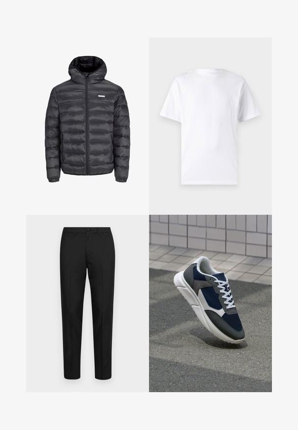 Crna puf jakna s kapuljačom, s horizontalno ušivenim dijelovima, prednjim zatvaračem i dva zatvorena bočna džepa. Glatka tekstura.; Bijela kratka majica s kratkim rukavima od pamuka s okruglim izrezom, s glatkom teksturom i jednostavnim dizajnom bez uzoraka ili naglasaka.; Crne hlače od glatkog materijala s uskim krojem, s kopčanjem na dugme, petljama za remen i ravnim nogavicama.; Tenisice s gornjim dijelom od mrežastog materijala tamnoplave boje, siva antilopova naglašavanja, bijela gumena potplat i ravne bijele vezice, dizajnirane za udobnost i prozračnost.