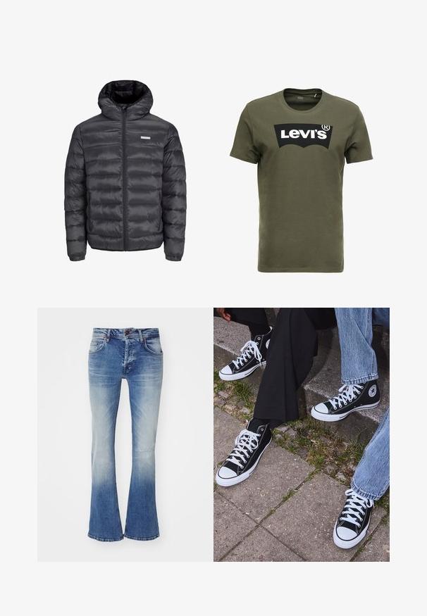 Must must jacket kapuutsiga, millel on horisontaalsed tikandid, ees tõmblukk ja kaks tõmblukuga külgetaskut. Sujuv tekstuur.; Oliivroheline puuvillane T-särk, mille esiküljel on suur must Levi's logo. K klassikaline ümmargune kaelus ja lühikesed varrukad, sile tekstuur.; LTB TINMAN - Avar lõikega teksad - arino wash; Mustad musta värvi kõrged kanvasist tossud valgete kummitaldade ja nööridega, külgedel ringikujuline logo ning kombineeritud denimist ja mustade pükstega.