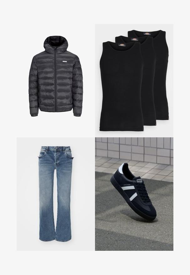 Črna napihnjena jakna s kapuco, ki ima vodoravne prešite odseke, sprednji zadrgo in dva stranska žepa z zadrgo. Gladka tekstura.; Črne majice brez rokavov v paketu treh. Rebrasta struktura, standardni okrogel izrez, brez rokavov. Rob ima majhen logotip blagovne znamke na dnu.; Blazine modre široke hlače iz jeansa, z gumbom in zadrgo, petimi žepi ter rahlo raztrganim robom.; Črne usnjene superge z belimi črtami, teksturiran gumijast podplat in zavezovanje spredaj. Imajo označeno oznako na ježku.