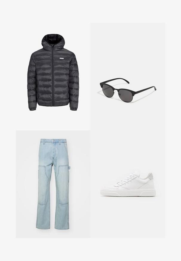 Jachetă puffer neagră cu glugă, având secțiuni orizontale quilted, un fermoar frontal și două buzunare laterale cu fermoar. Textură netedă.; Tricou alb din bumbac, cu mâneci scurte, guler rotund și un text grafic roșu "FRUCTE DELICIOASE ȘI RACORITOARE" pe față.; Only & Sons ONSEDGE - Blugi drepți - light blue denim; Adidași din piele albă cu un finisaj neted, vârf rotunjit, șireturi plate și o talpă texturată. Accente din piele întoarsă gri la călcâi.; Ochelari de soare negri cu lentile rotunde, finisaj mat și o formă distinctivă de cat-eye. Brațe subțiri cu un branding subtil pe templul stâng.