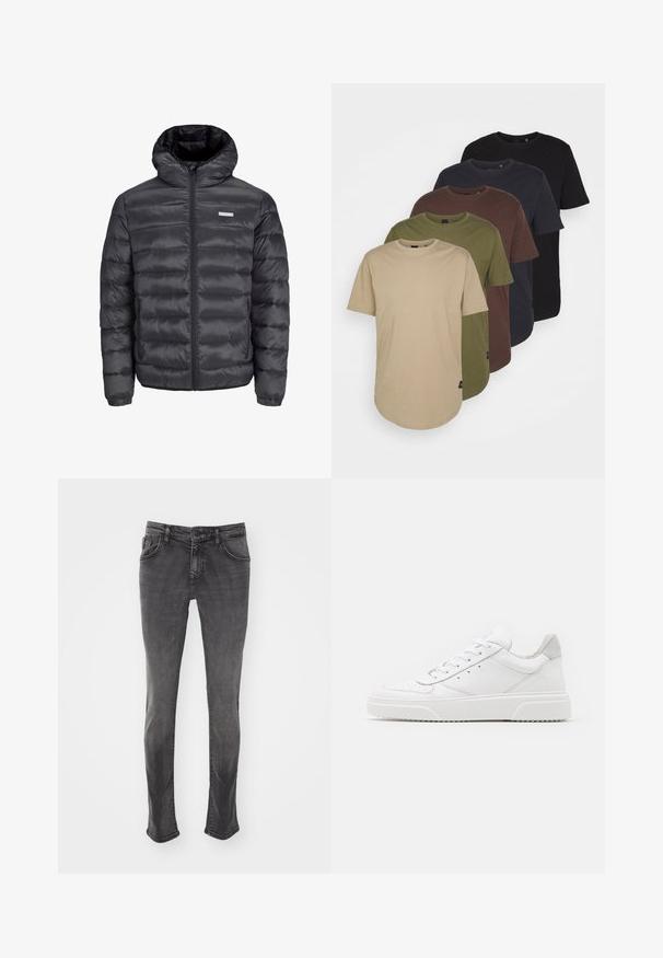 Svart puffjakke med hette, med horisontale kviltede seksjoner, en frontglidelås og to glidelåsede sidelommer. Jevn tekstur.; Fem t-skjorter arrangert i gradientfarger: beige, oliven, brun, mørk blå og svart. Laget av myk bomull med korte ermer og rund hals.; Grå denimjeans med rett bendesign, fem lommer og subtilt falming. Har knappelukking og beltehemper.; Hvite skinnsko med en glat overflate, rund tå, flate lisser og teksturert såle. Grå semsket innfelt ved hælen.