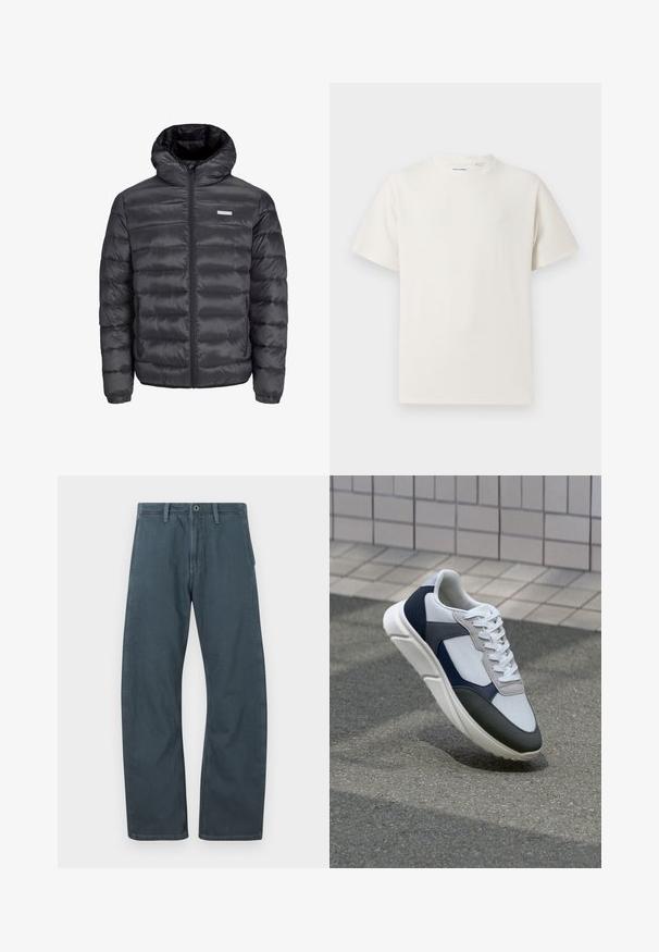 Svart puffjacka med huva, med horisontella quiltade sektioner, en framzipper och två sidofickor med dragkedja. Slät textur.; Vit t-shirt med kort ärm i ribbad struktur. Rund halsringning, löst sittande passform, inga synliga mönster eller detaljer. Enkelt och mångsidigt design.; Mörkblå denimbyxor med rak passform, som har en framdragning med knapp, bälteshängare och en bakficka på höger sida.; Vit, marinblå och grå sneaker med en blandad materialdesign, som har ett texturerat ovandel, platta snören och en vadderad sula.