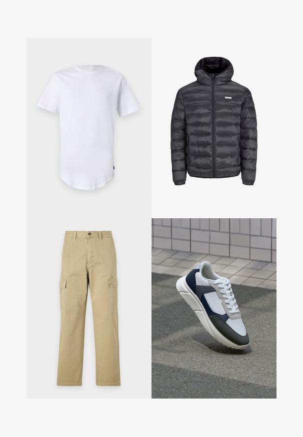 Svart puffjacka med huva, med horisontella quiltade sektioner, en framzipper och två sidofickor med dragkedja. Slät textur.; Vit kortärmad t-shirt i bomull. Rundad halsringning med en böjd fåll. Märket syns på nedre vänstra sidan. Slät textur.; Beige cargobyxor i bomull, med två sidofickor, knappstängning och raka ben i ett något texturerat tyg.; Vit, marinblå och grå sneaker med en blandad materialdesign, som har ett texturerat ovandel, platta snören och en vadderad sula.