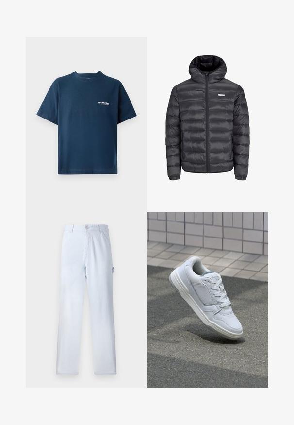 Crna puf jakna s kapuljačom, s horizontalno ušivenim dijelovima, prednjim zatvaračem i dva zatvorena bočna džepa. Glatka tekstura.; Tamno plavi pamučni majica s kratkim rukavima i okruglim izrezom. Ima mali bijeli logo na lijevoj strani prsnog područja. Mekana tekstura.; Svijetloplave prugaste hlače od pamuka. Dizajn ravnih nogavica, s prednjim kopčanjem na gumb i bočnim džepovima. Mekana tekstura.; Bijele kožne tenisice s perforiranim bočnim dijelovima, teksturiranim akcentima, ravnim vezicama i kontrastnim sivim petom. Imaju blago povišenu potplat.