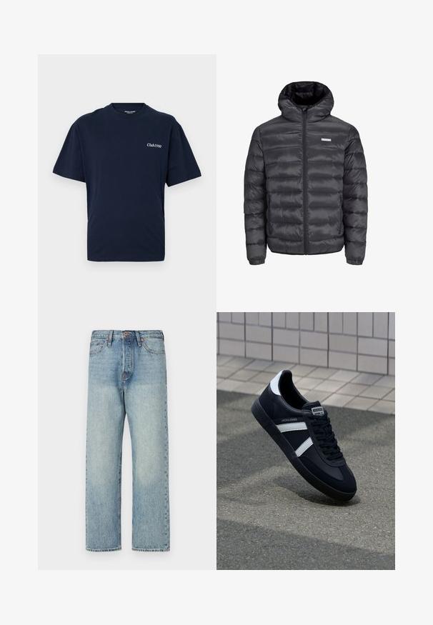 Crna puf jakna s kapuljačom, s horizontalno ušivenim dijelovima, prednjim zatvaračem i dva zatvorena bočna džepa. Glatka tekstura.; Tamno plavi pamučni majica s okruglim izrezom i kratkim rukavima. Sadrži bijeli natpis "Club1990" na lijevoj strani prsnog područja. Jednostavan dizajn.; Svijetloplavi traperice s ravnim nogavicama, pet džepova i bronze detaljima. Minimalno izblijedjele s čistu završnom obradom.; Crne kožne tenisice s bijelim prugama, strukturirana gumena potplate i vezanjem sprijeda. Ima oznaku brenda na jeziku.