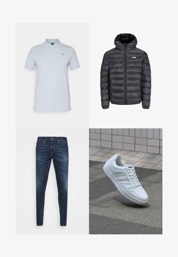 Must must jacket kapuutsiga, millel on horisontaalsed tikandid, ees tõmblukk ja kaks tõmblukuga külgetaskut. Sujuv tekstuur.; G-STAR DUNDA SLIM - Polosärk - faze blue; Tumedat sinised teksad kitsas lõikes, kerge kulumisega, viie taskuga ja metallnööbiga sulgemine. Õmmeldud aktsendid kontrastsetes värvides.; Valge spordijalanõud silederja nahkvarrega, ninast paeltega, perforatsiooni tõttu ventilatsiooniga ning mustrilise tallaga. Minimalistlik disain, millel on kolm külgmist triipu.