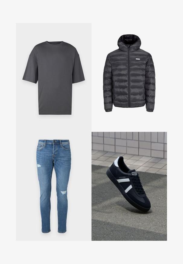 fekete puffermellény kapucnival, vízszintesen steppelt részekkel, elülső cipzárral és két cipzáros oldalzsebbel. Simma textúra.; Túlméretezett sötétszürke póló, puha pamutból készült, klasszikus kerek nyakkal, rövid ujjakkal és egyszerű, sima felülettel.; Fakó kék farmernadrág, slim fit szabással, térdnél kopott területekkel, gombos záródással és öt zsebbel.; Fekete bőr sportcipő fehér csíkokkal, textúrált gumitalppal és fűzős elejével. A nyelvén márkás címke található.