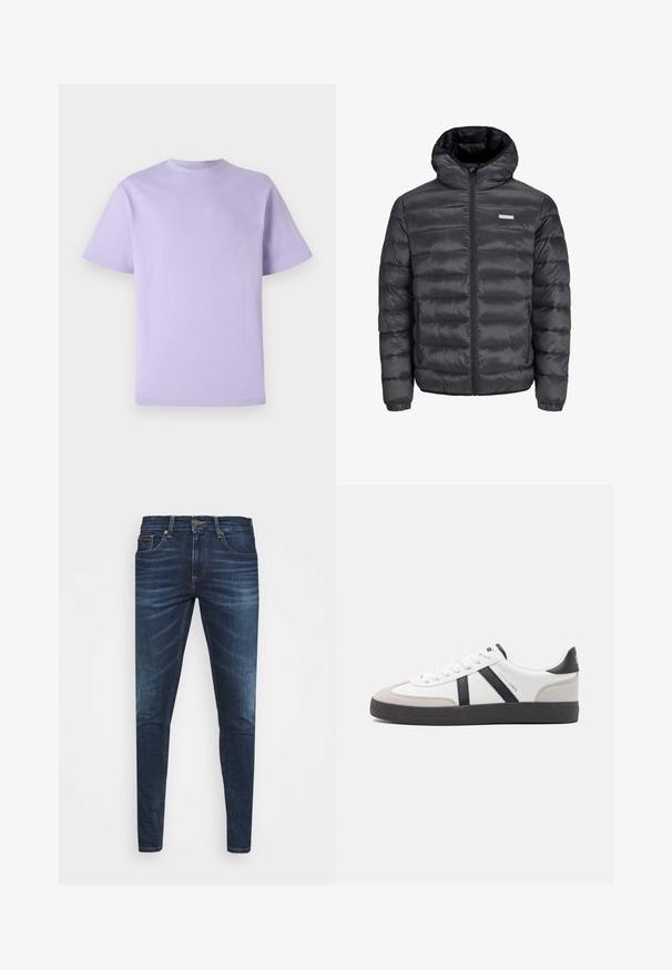 Juodas pūkuotas švarkas su gobtuvu, turintis horizontalius siūlus, priekinius užtrauktukus ir du užtrauktuku uždaromus šoninius kišenius. Lygus paviršius.; Levandų spalvos medvilninė marškinėliai trumpomis rankovėmis, apvaliu iškirpimu ir laisvu pjaustymu. Lygus paviršius, be raštų ar papuošimų.; Tamsiai mėlynos džinsinės kelnės su liesu siluetu, subtiliu nusidėvėjimu, penkiomis kišenėmis ir metaliniu mygtuku užsegimui. Įsiūtos akcentai kontrastinga spalva.; Balti sportbačiai su juodais ir pilkais akcentais, pasižymintys tekstūruotu pilku pirštų dangteliu, juoda gumine padais ir plokščiomis baltomis raišteliais. Švarus dizainas, minimalistinis stilius.