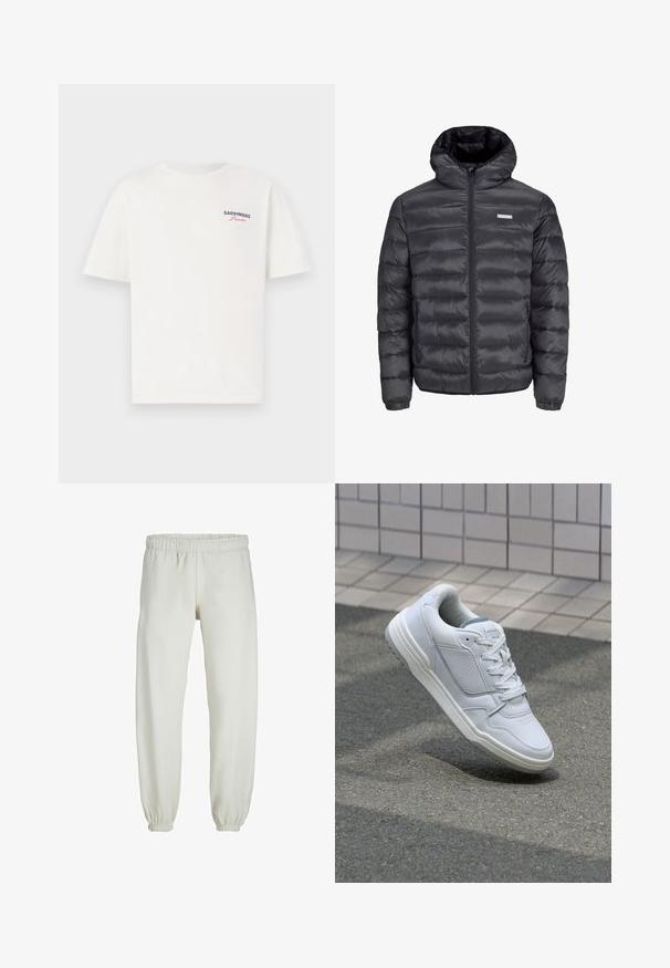 Zwarte gewatteerde jas met een capuchon, met horizontale quilted secties, een rits aan de voorkant en twee ritszakken aan de zijkant. Glad oppervlak.; Witte katoenen t-shirt met korte mouwen en een ronde halslijn. Heeft de tekst "SARDINHAS" in marineblauw en roze op de linkerkant van de borst.; Witte sweatpants gemaakt van zachte stof, met een elastische tailleband en boorden, een gladde textuur en een losvallend ontwerp.; Witte lederen sneaker met geperforeerde zijkanten, gestructureerde accenten, platte veters en een contrasterende grijze hiel. Voorzien van een iets verhoogde zool.