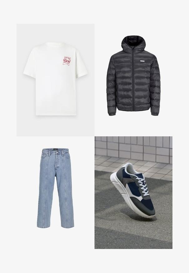 Black puffer jacket with a hood, featuring horizontal quilted sections, a front zipper, and two zippered side pockets. Smooth texture.; White cotton t-shirt with short sleeves featuring a red logo graphic that reads "OFF THE Grid" on the left chest area.; Light blue denim jeans with a loose fit, wide legs, and visible stitching details. Features a button and zip fly closure, five pockets.; Sneaker featuring a navy blue mesh upper, gray suede accents, white rubber sole, and flat white laces, designed for comfort and breathability.