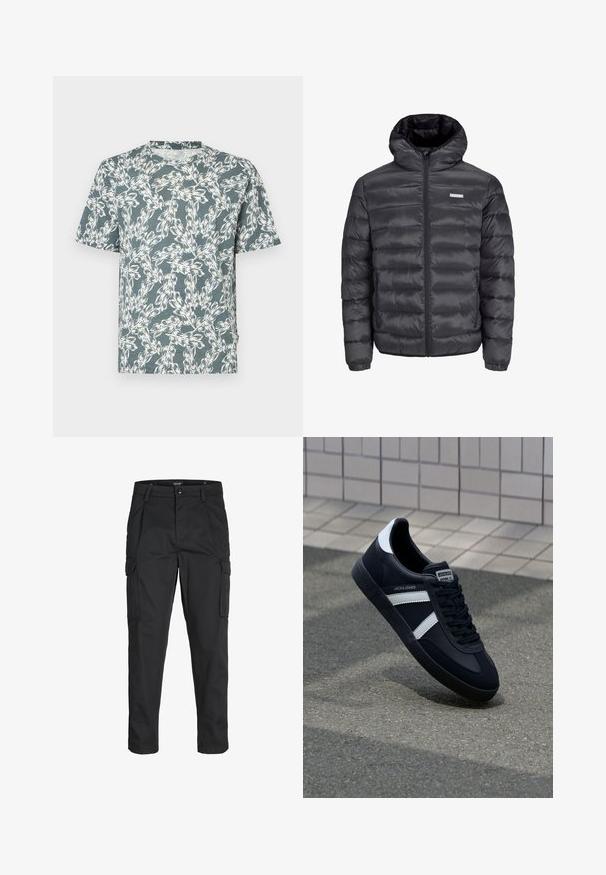 Čierna prešívaná bunda s kapucňou, s horizontálnymi prešívanými sekciami, predným zipsom a dvoma bočnými vreckami na zips. Hladká textura.; Tričko s krátkym rukávom v teal farbe, zdobené bielym kvetinovým vzorom. Vyrobené z ľahkej látky s uvoľneným strihom.; Čierne cargo nohavice z odolnej látky, s viacerými vreckami, gombíkovým zapínaním a úzkym strihom so zúženými nohavicami.; Čierne kožené tenisky s bielymi pruhmi, textúrovanou gumovou podrážkou a šnurovaním vpredu. Obsahujú označenie značky na jazyku.