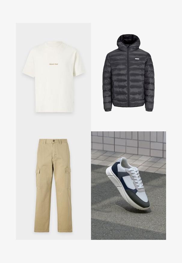 Černá péřová bunda s kapucí, obsahující vodorovně prošívané části, přední zip a dvě boční kapsy na zip. Hladká textura.; Krémové bavlněné tričko s krátkými rukávy, kulatým výstřihem a vyšitým logem "Original Studio" ve zlaté barvě na hrudi. Měkká textura.; Beige cargo kalhoty vyrobené z bavlny, s dvěma bočními kapsami, knoflíkovým zapínáním a rovnými nohavicemi z mírně texturované látky.; Bílé, námořnické a šedé tenisky s kombinovaným materiálovým designem, který zahrnuje texturovaný svršek, ploché šňůrky a polstrovanou podešev.