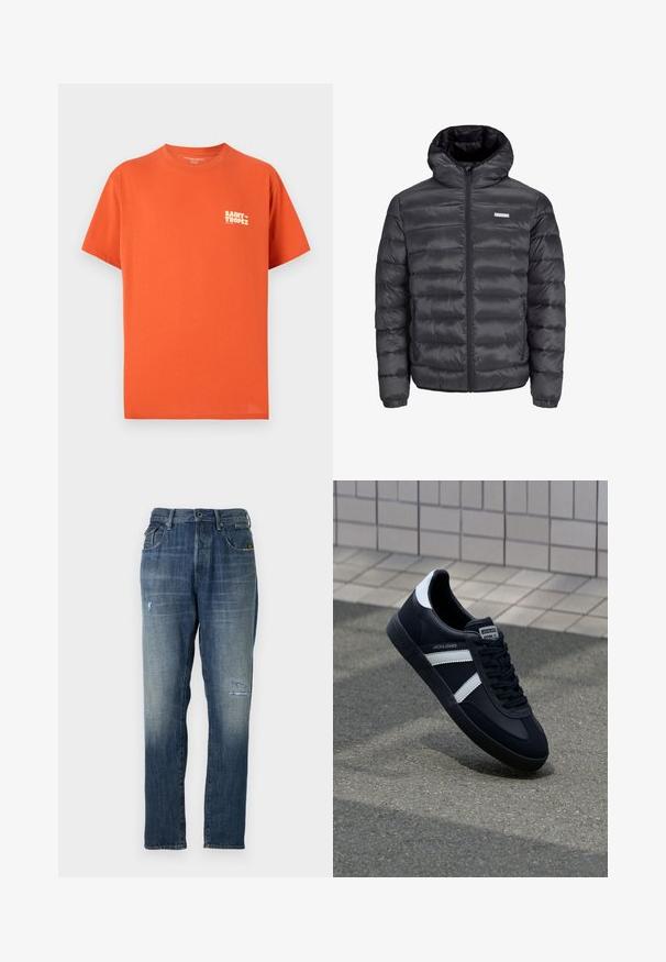 Jachetă puffer neagră cu glugă, având secțiuni orizontale quilted, un fermoar frontal și două buzunare laterale cu fermoar. Textură netedă.; Tricou cu mânecă scurtă, de culoare portocalie, din bumbac, având un mic logo alb "SAINT-TROPEZ" pe partea stângă a pieptului. Croială dreaptă și textură moale.; Jeans din denim cu o culoare albastră decolorată, design cu picior dreapta, uzură moderată pe partea din față și un stil clasic cu cinci buzunare.; Sneaker din piele neagră cu dungi albe, talpă din cauciuc texturat și șireturi. Prezintă un eticheta de marcă pe limbă.