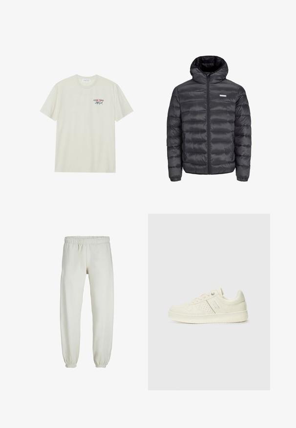 Czarna kurtka puchowa z kapturem, z poziomymi przeszyciami, suwakiem z przodu oraz dwoma zamykanymi bocznymi kieszeniami. Gładka tekstura.; Jasna kremowa bawełniana koszulka z krótkim rękawem. Posiada małą niebiesko-czerwoną grafikę marlin oraz napis "MARLIN TROPHY".; Białe dresy wykonane z miękkiego materiału, z elastycznym pasem i mankietami, o gładkiej fakturze i luźnym kroju.; Kremowe sneakersy z perforowanymi detalami, sznurowadłami i logo z boku, prezentowane na jednolitym białym tle.