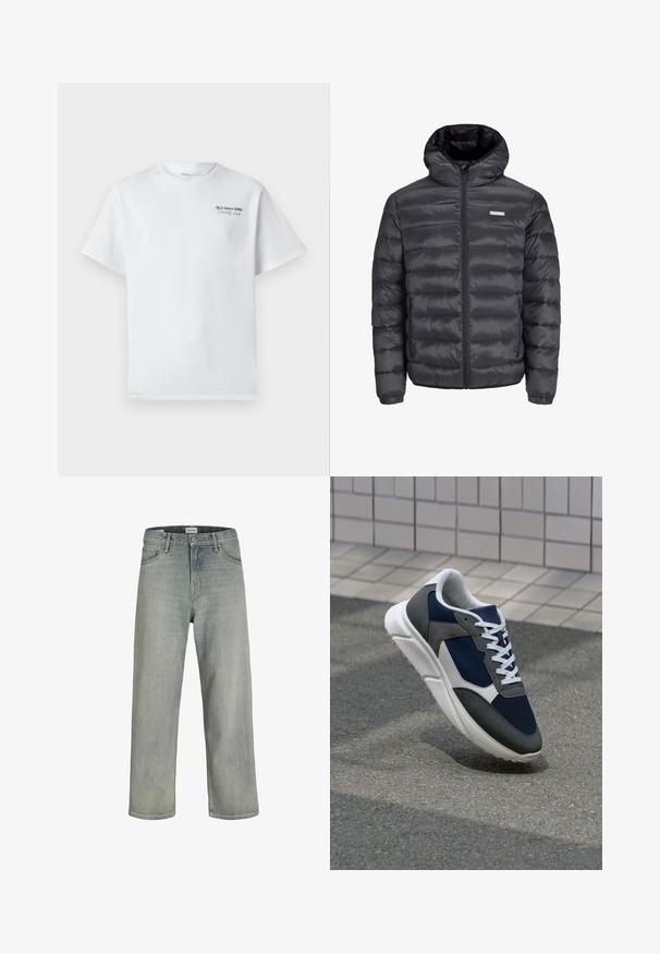 Black puffer jacket with a hood, featuring horizontal quilted sections, a front zipper, and two zippered side pockets. Smooth texture.; White cotton t-shirt with short sleeves, round neckline, featuring a small black text logo "J&J since 1990 Society Club" on the chest.; Light gray, loose-fitting jeans made of denim. Features a classic five-pocket design, belt loops, and a straight leg silhouette.; Sneaker featuring a navy blue mesh upper, gray suede accents, white rubber sole, and flat white laces, designed for comfort and breathability.