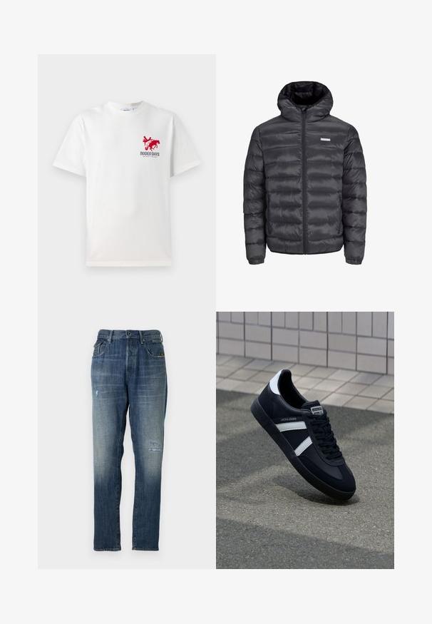 Schwarze Steppjacke mit Kapuze, mit horizontalen Steppnähten, einem Frontreißverschluss und zwei seitlichen Reißverschlusstaschen. Glatte Textur.; Weißes Baumwoll-T-Shirt mit einem roten Cowboy- und Pferde-Graphic auf der linken Brust und dem Text "RODEO DAYS" unterhalb des Designs.; Denimjeans in einem verblassten Blau, mit geradem Beinschnitt, moderaten Abnutzungen an der Vorderseite und klassischem Fünf-Taschen-Design.; Schwarze Leder-Sneaker mit weißen Streifen, strukturiertem Gummisohle und Schnürung. Verfügt über ein Markenetikett auf der Zunge.