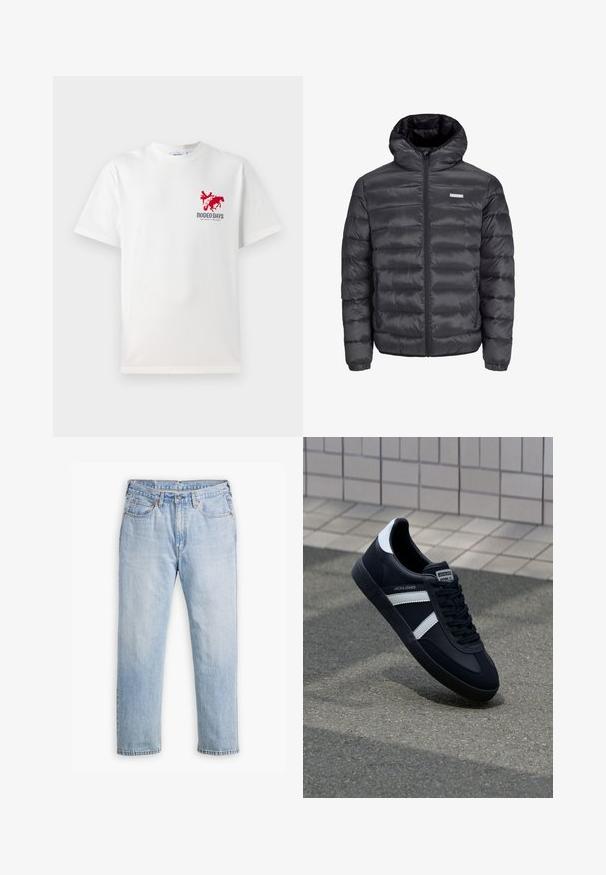 Giubbotto puffa nero con cappuccio, dotato di sezioni a righe orizzontali, una cerniera frontale e due tasche laterali con zip. Texture liscia.; T-shirt bianca in cotone con una grafica rossa di un cowboy e un cavallo sul petto a sinistra, accompagnata dal testo "RODEO DAYS" sotto il design.; Jeans in denim blu chiaro con design a gamba dritta, stile a cinque tasche e cuciture a contrasto. Chiusura con bottone e zip in vita.; Sneaker neri in pelle con strisce bianche, suola in gomma texturizzata e allacciatura frontale. Presenta un'etichetta con il marchio sulla linguetta.