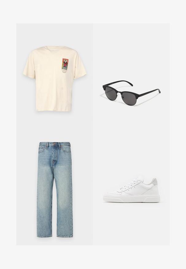Chaqueta de plumas negra con capucha, que presenta secciones acolchadas horizontales, un cierre frontal de cremallera y dos bolsillos laterales con cremallera. Textura suave.; Jack & Jones JORORACLE TEE CREW NECK - Camiseta estampada - buttercream; Jeans de mezclilla azul claro con un diseño de pierna recta, cinco bolsillos y herrajes en bronce. Mínima decoloración con un acabado limpio.; Zapatillas de cuero blanca con un acabado suave, punta redondeada, cordones planos y una suela texturada. Acento de ante gris en el talón.; Gafas de sol negras con lentes redondos, acabado mate y una distintiva forma de ojo de gato. Patillas delgadas con un sutil branding en la patilla izquierda.