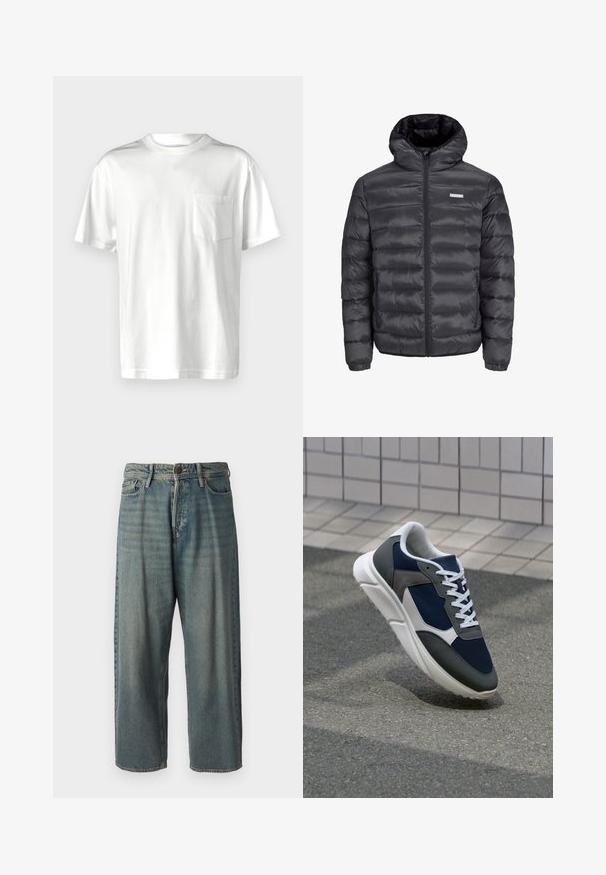 Must must jacket kapuutsiga, millel on horisontaalsed tikandid, ees tõmblukk ja kaks tõmblukuga külgetaskut. Sujuv tekstuur.; Only & Sons ONSARCHIE LIFE TEE - Trükipildiga T-särk - cloud dancer; Heledad sinine denim-stiilis teksad, volüümse lõike, keskmise kõrgusega talje ja sirgete säärega. Omab viit taskut, vöökumme ja nööpide sulgemist.; Sneaker, mille sinine võrkkangas, hallid nubukdetailid, valge kummitald ja lamedad valged paelad, disainitud mugavuseks ja hingavuseks.