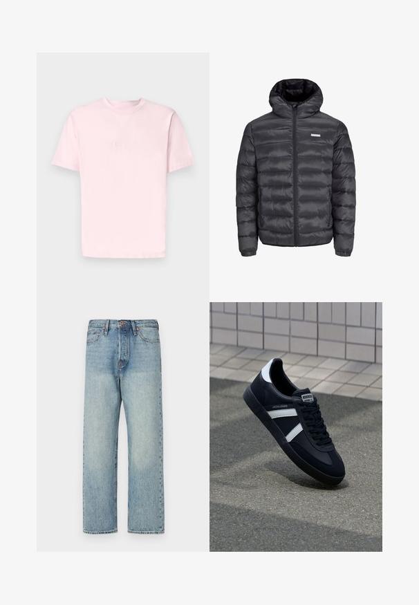 Jachetă puffer neagră cu glugă, având secțiuni orizontale quilted, un fermoar frontal și două buzunare laterale cu fermoar. Textură netedă.; Jack & Jones JORVESTERBRO CREW NECK - Tricou cu imprimeu - fairy tale; Jeans din denim bleu deschis cu un design drept, cinci buzunare și accesorii din bronz. Ușor decolorate, cu un finisaj curat.; Sneaker din piele neagră cu dungi albe, talpă din cauciuc texturat și șireturi. Prezintă un eticheta de marcă pe limbă.