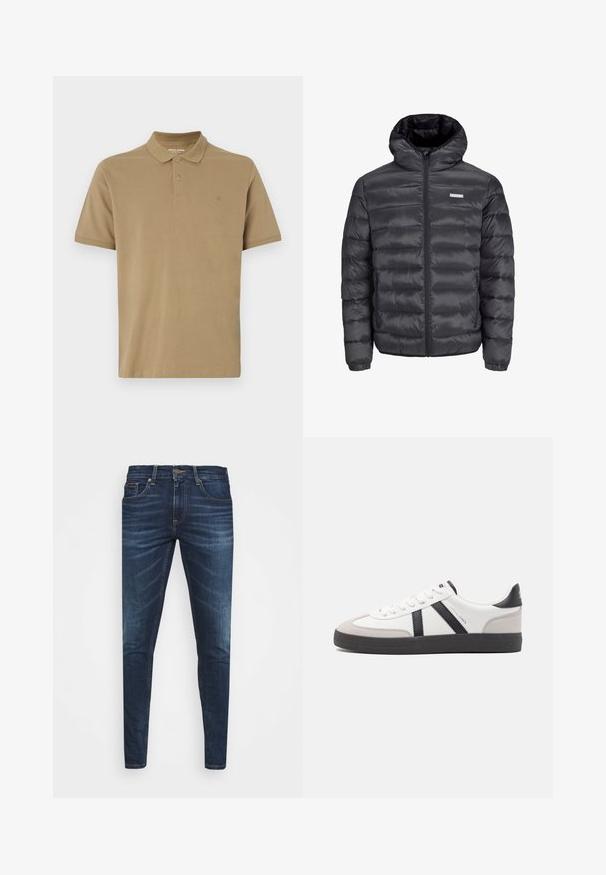 Črna napihnjena jakna s kapuco, ki ima vodoravne prešite odseke, sprednji zadrgo in dva stranska žepa z zadrgo. Gladka tekstura.; Khaki polo majica iz bombaža, z ovratnikom, dvema gumboma, kratkimi rokavi in majhnim logotipom na prsih. Gladka tekstura.; Temno modri kavbojke ozkega kroja, s subtilnim bledenjem, petimi žepi in kovinskim zapiranjem na gumb. Oštrikanje z akcenti v kontrastni barvi.; Bela športna obutev z črnimi in sivo akcenti, z teksturirano sivo kapico za prste, črnim gumijastim podplatom in ravnimi belimi vezalkami. Čista zasnova, minimalistični slog.