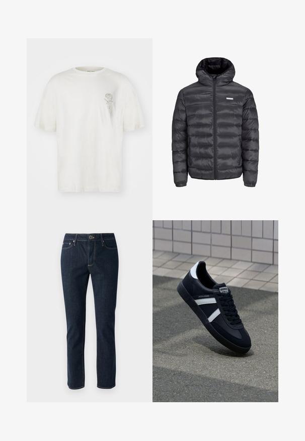 Zwarte gewatteerde jas met een capuchon, met horizontale quilted secties, een rits aan de voorkant en twee ritszakken aan de zijkant. Glad oppervlak.; Jack & Jones JJMYSTIC TEE CREW NECK - T-shirt print - moonbeam; Donkerblauwe spijkerbroek met een recht model, voorzien van een knoopsluiting, vijf zakken en contrasterende stiksels. Gladde textuur.; Zwarte leren sneaker met witte strepen, een gestructureerde rubberen zool en vetersluiting aan de voorkant. Voorzien van een merklabel op de tong.