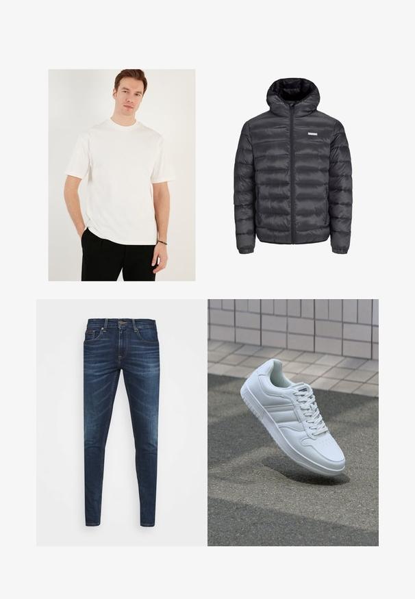 Crna puf jakna s kapuljačom, s horizontalno ušivenim dijelovima, prednjim zatvaračem i dva zatvorena bočna džepa. Glatka tekstura.; Bijela majica kratkih rukava od pamuka, sa okruglim izrezom i opuštenim krojem. Nosena uz crne hlače, jednostavne teksture, bez uzoraka.; Tamno plave traperice uskog kroja, s blagim izbljeđivanjem, pet džepova i metalnim zatvaranjem na dugme. Šivani detalji u kontrastnoj boji.; Bijela atletska tenisica s glatkim kožnim gornjim dijelom, vezanjem sprijeda, perforiranim vrhom i uzorkovanim đonom. Minimalistički dizajn s tri bočne pruge.