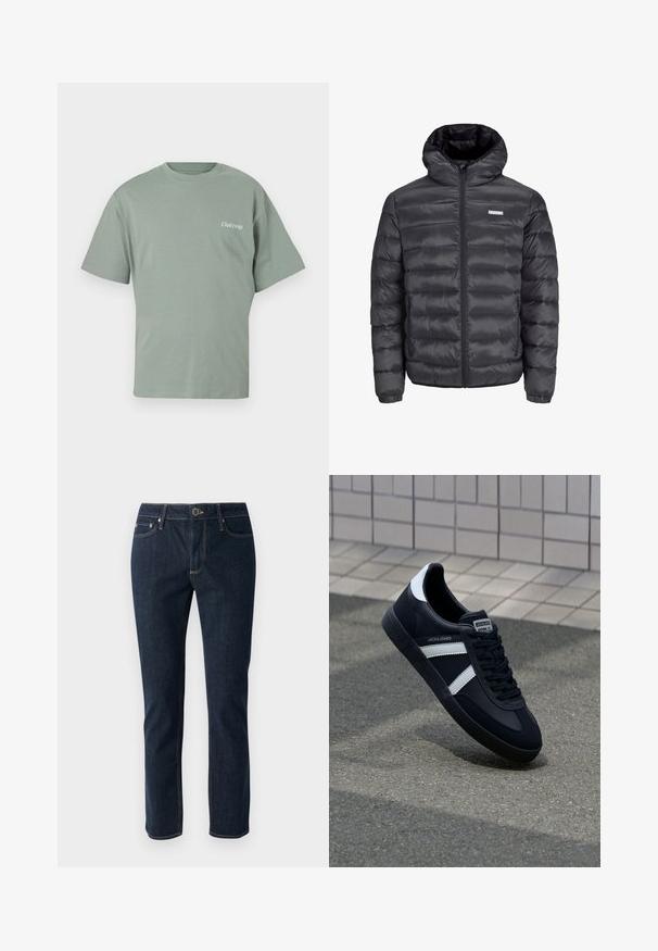 Svart puffjakke med hette, med horisontale kviltede seksjoner, en frontglidelås og to glidelåsede sidelommer. Jevn tekstur.; Mintgrønn bomulls T-skjorte med rund hals, korte ermer og en liten "Club1990" trykk på venstre bryst.; Mørkeblå denimjeans med rett ben-design, med knappelukking, fem lommer og kontrasterende søm. Jevn tekstur.; Sorte lærersneaker med hvite striper, teksturert gummihæl og snøring foran. Har et merketikett på tungen.