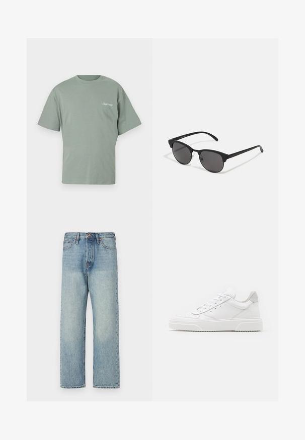 Black puffer jacket with a hood, featuring horizontal quilted sections, a front zipper, and two zippered side pockets. Smooth texture.; Mint green cotton t-shirt featuring a round neckline, short sleeves, and a small "Club1990" print on the left chest.; Light blue denim jeans with a straight leg design, five pockets, and bronze hardware. Minimal fading with a clean finish.; White leather sneakers with a smooth finish, rounded toe, flat laces, and a textured sole. Grey suede accent at the heel.; Black sunglasses with round lenses, matte finish, and distinctive cat-eye shape. Slim arms with subtle branding on the left temple.